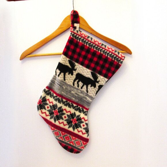 Christmas stocking decoration picturing moose & ponsettas to hold some goodies - Picture 2 of 5